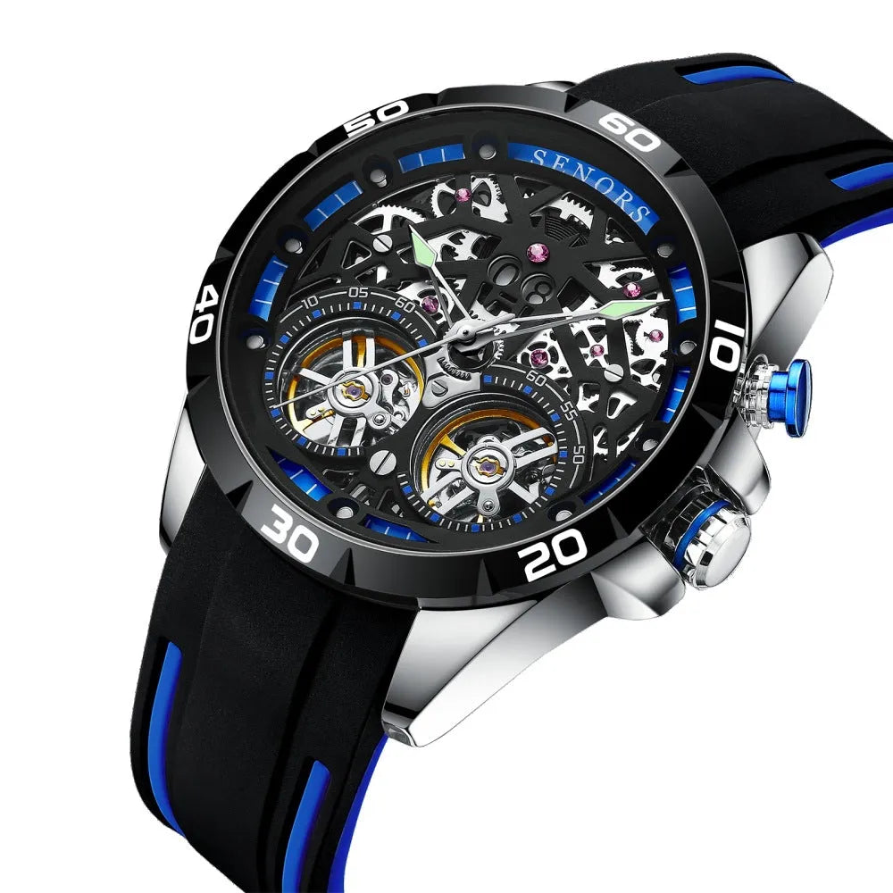 Automatic mechanical men's watch with hollow skeleton dial showing movement components, luminous markers, 14mm thickness case