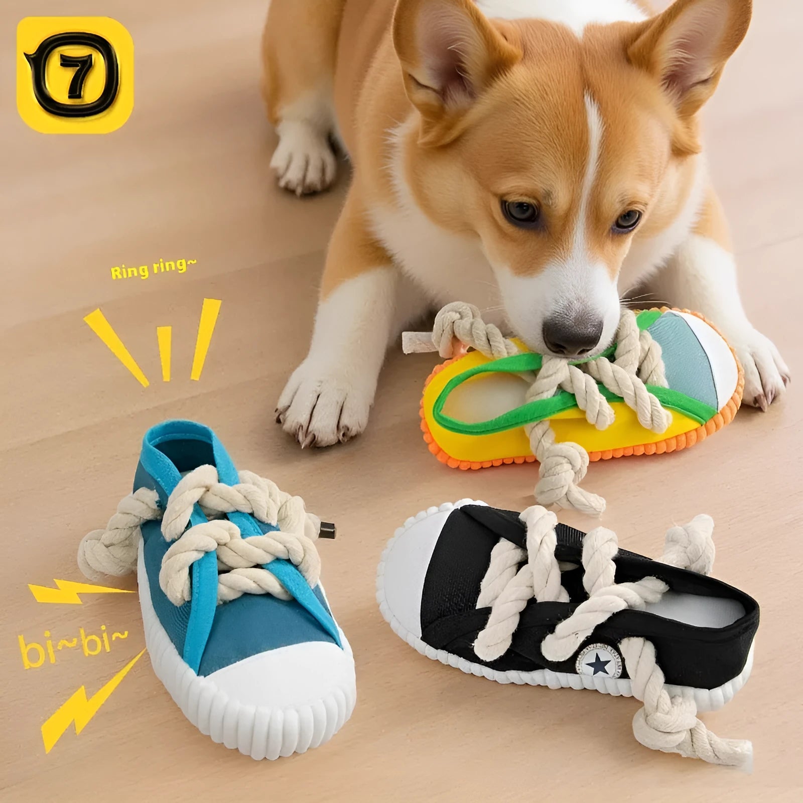 Plastic dog chew toy with bends and hitches in yellow, black or blue for molar cleaning
