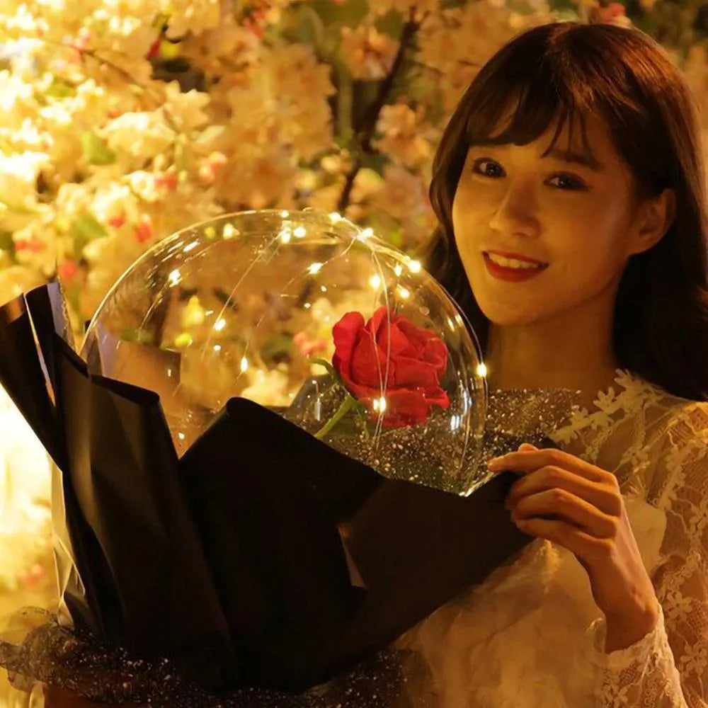 Transparent bobo ball LED luminous balloon rose bouquet with artificial flowers for DIY decoration