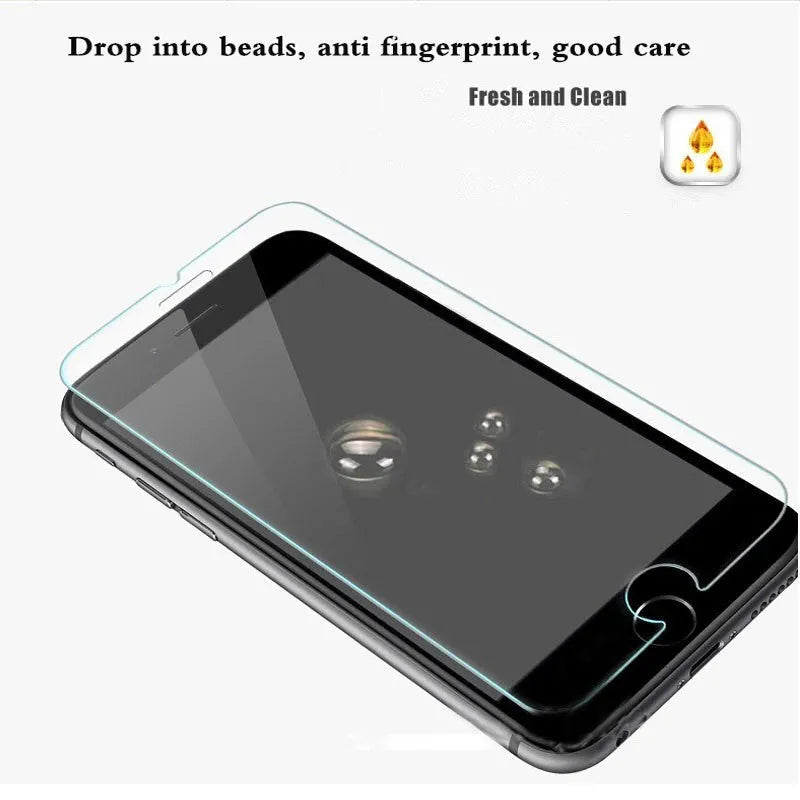 9H hardness tempered glass screen protector for iPhone and Samsung phones on a clean surface.