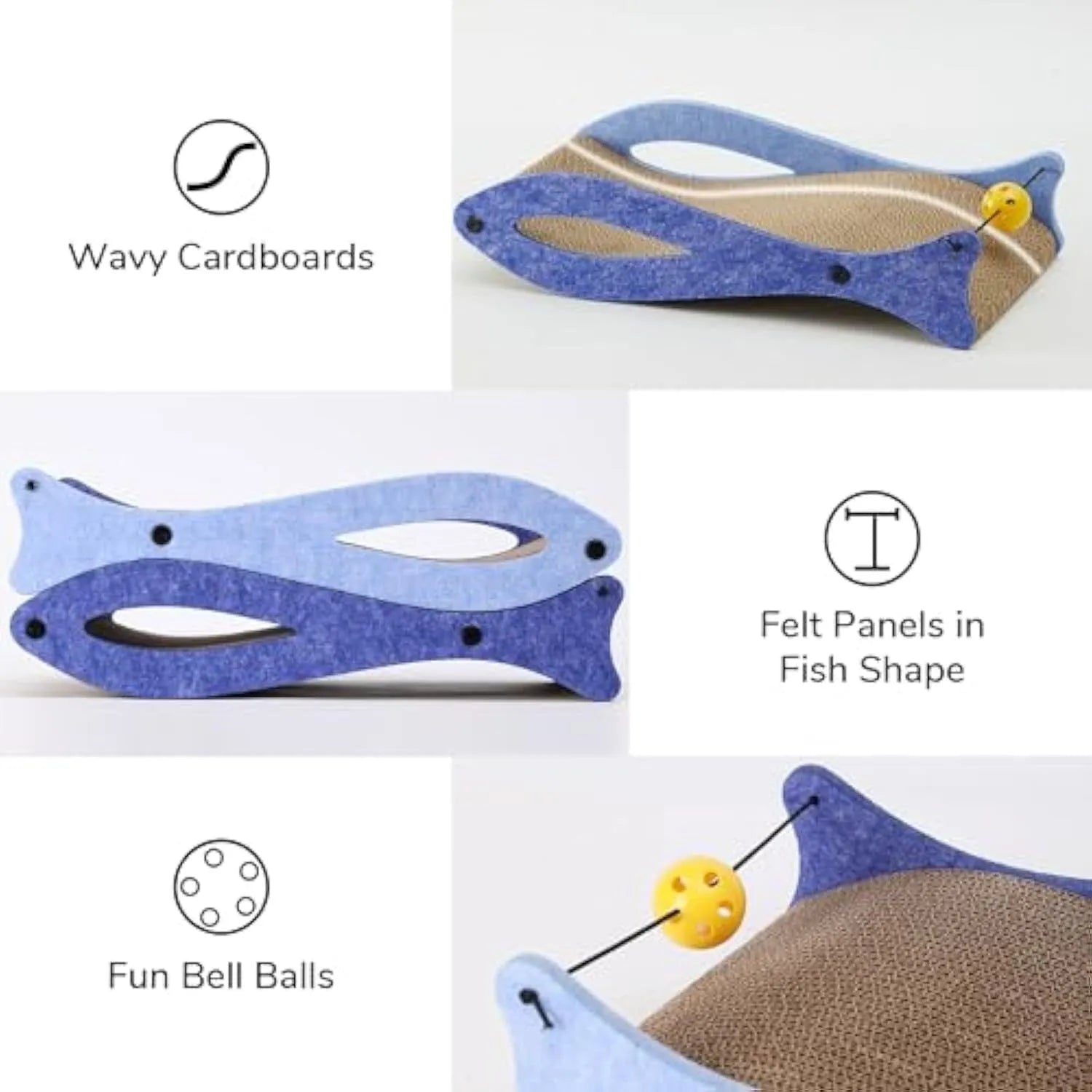 Blue fish-shaped cat scratcher with bell toy on elastic cord, corrugated cardboard construction