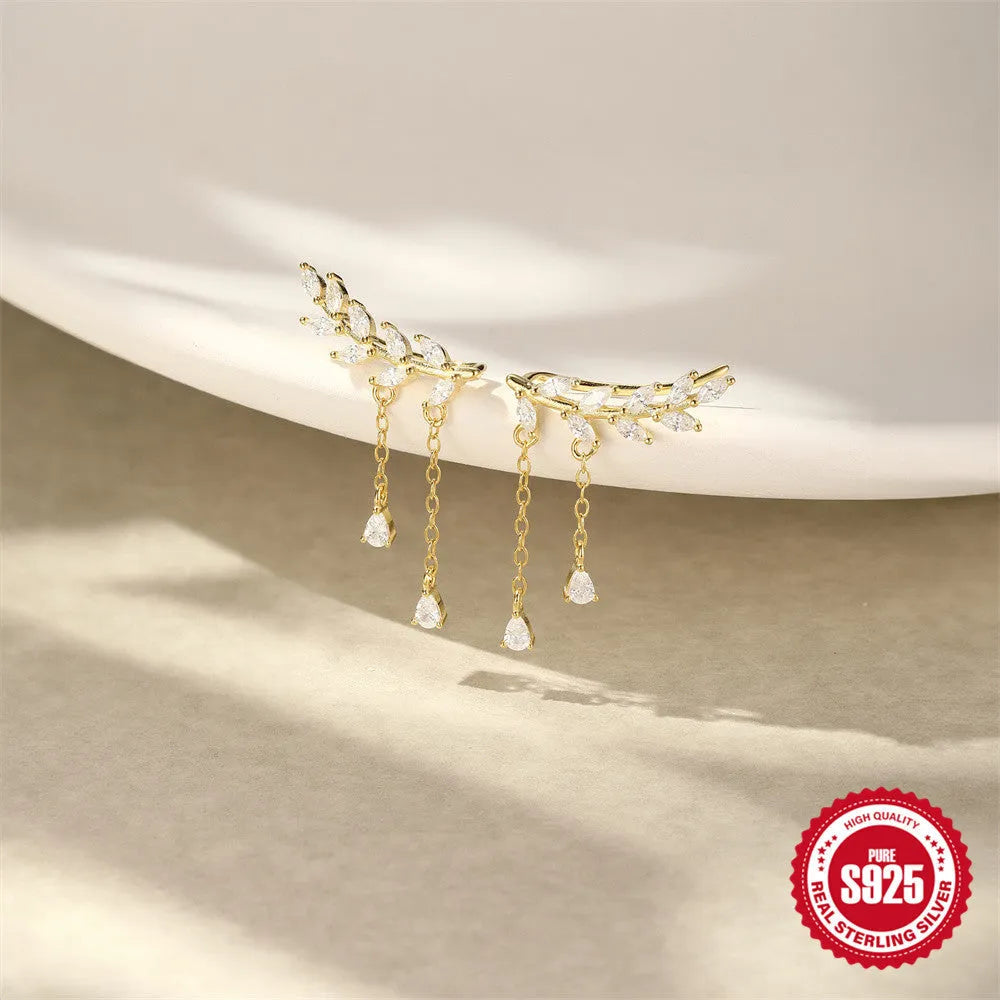 Gold S925 sterling silver tassel horse eye geometric water drop clip earrings for women