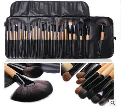24 piece makeup brush set with wooden colour handles, animal hair and nylon bristles, and PU bag