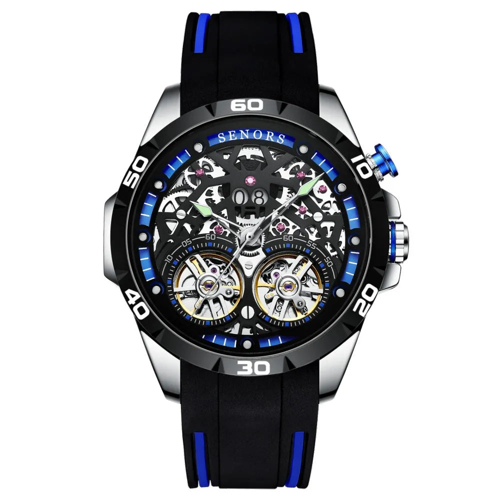 Automatic mechanical men's watch with hollow skeleton dial showing movement components, luminous markers, 14mm thickness case