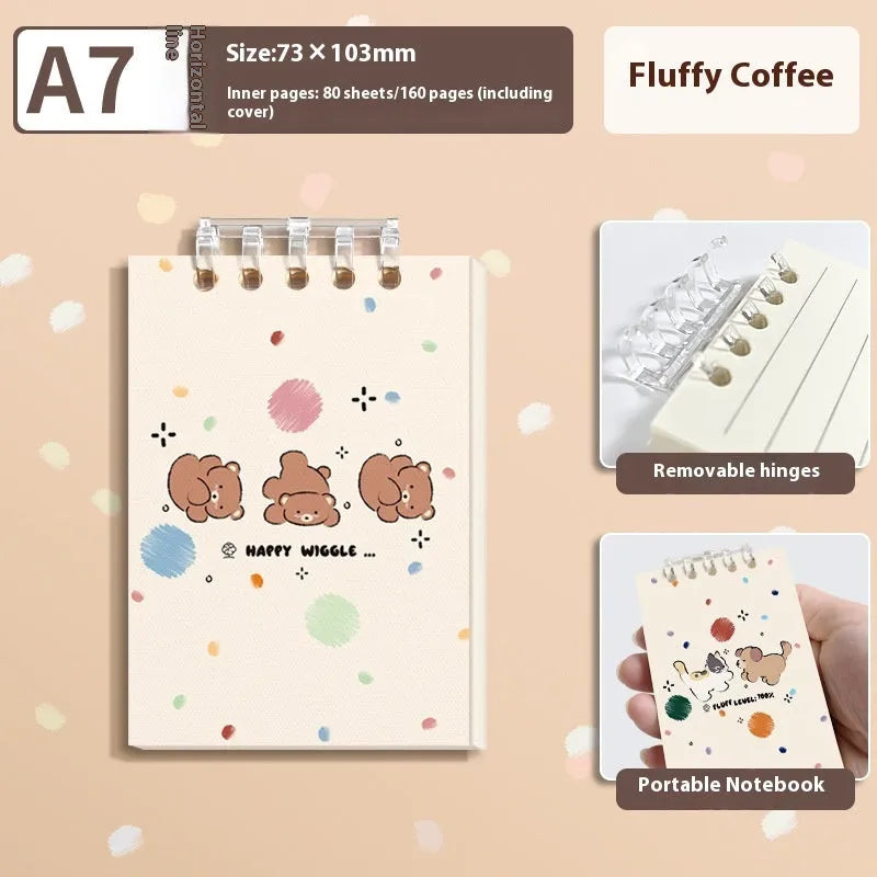 A7 small notebook 7.3x10.3cm with 80 sheets and 5-hole binding, shown in assorted colour styles.