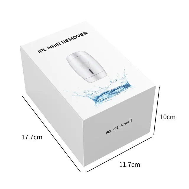 White home laser hair removal device with digital display, shown with international plug adapters.