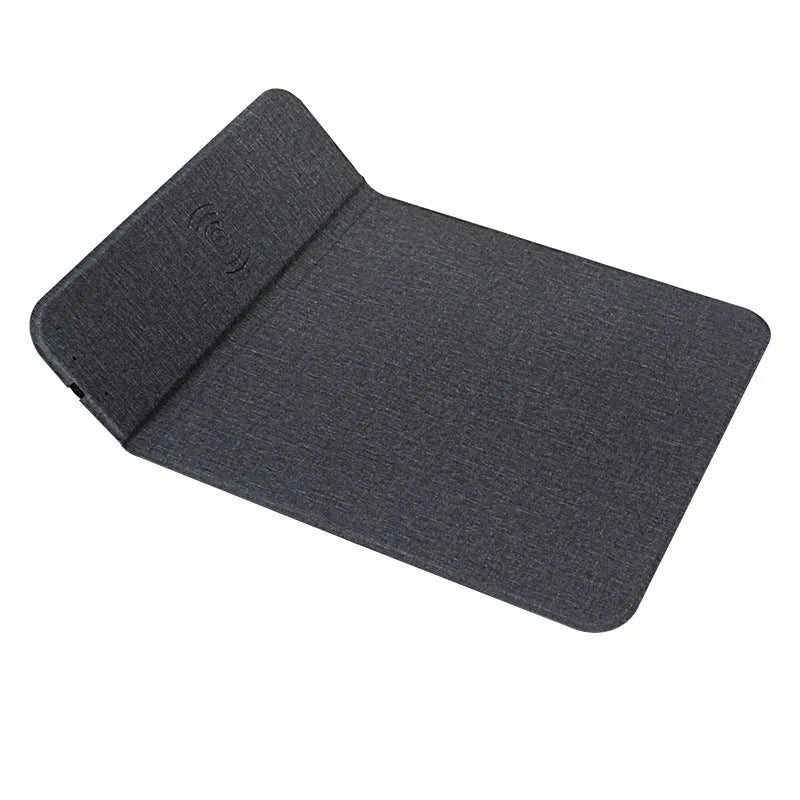 Foldable cloth wireless charging phone holder stand showing charging specs: 5W/10W, 8mm distance.