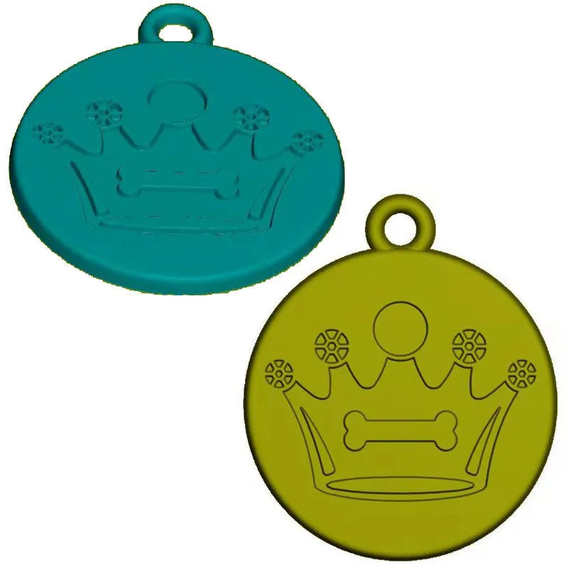 Zinc alloy pet ID tag, 25mm round disc, shown in black, dark blue, pink, purple, and red for dog or cat collars.