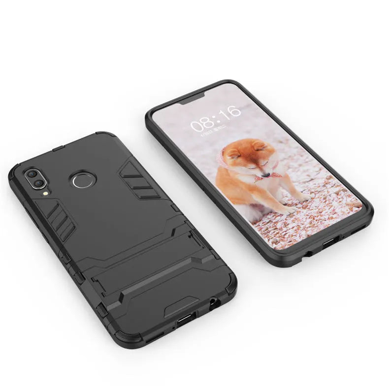2-in-1 bracket phone case for Huawei P20 series in pure black, blue black, or red, made from TPU PC