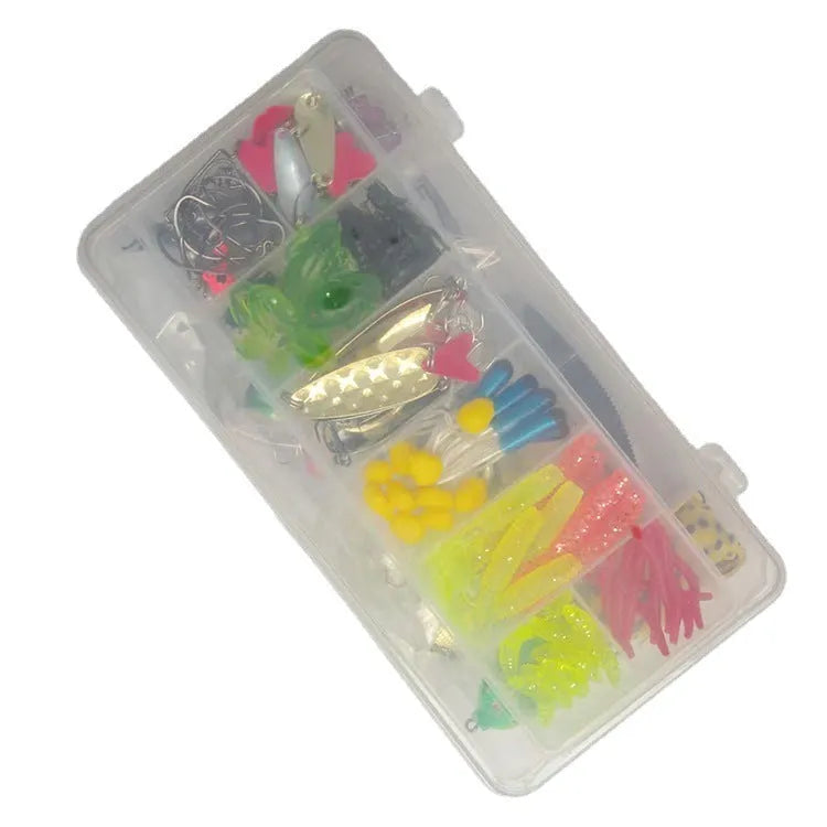 142-piece fishing lure set with metal pliers showing hard mino lures and sequin baits