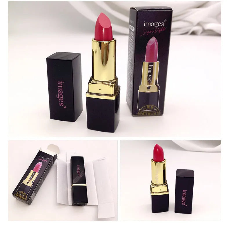 Moisturising lipstick lip gloss stick in a case with 10 colour options shown, including coral red and retro red.