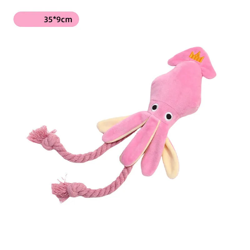 Pink plush squid pet toy with squeaker and rope tentacles