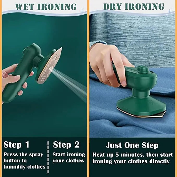 Dark green handheld garment ironing machine with titanium panel and mini steam design for travel and home use.