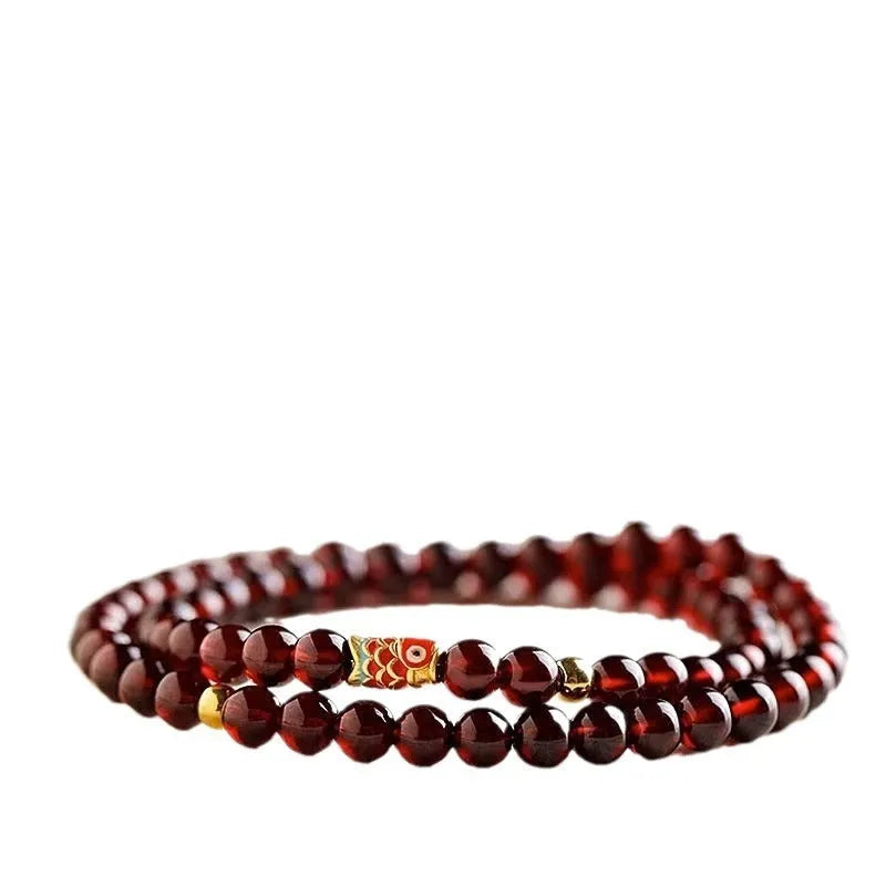 Women's retro wine red garnet bracelet with glass beads, single or double circle, handmade New Chinese style