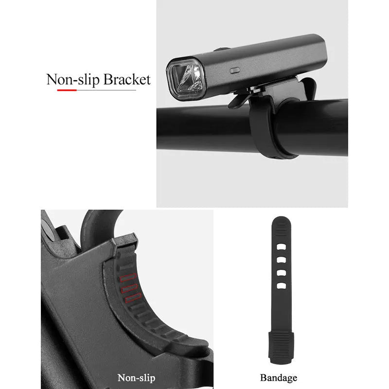ROCKBROS black aluminium alloy bicycle headlight with 400 lumens USB rechargeable, 103x23x30mm