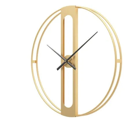 Round metal wall clock showing black and gold colour options, 50cm in diameter.