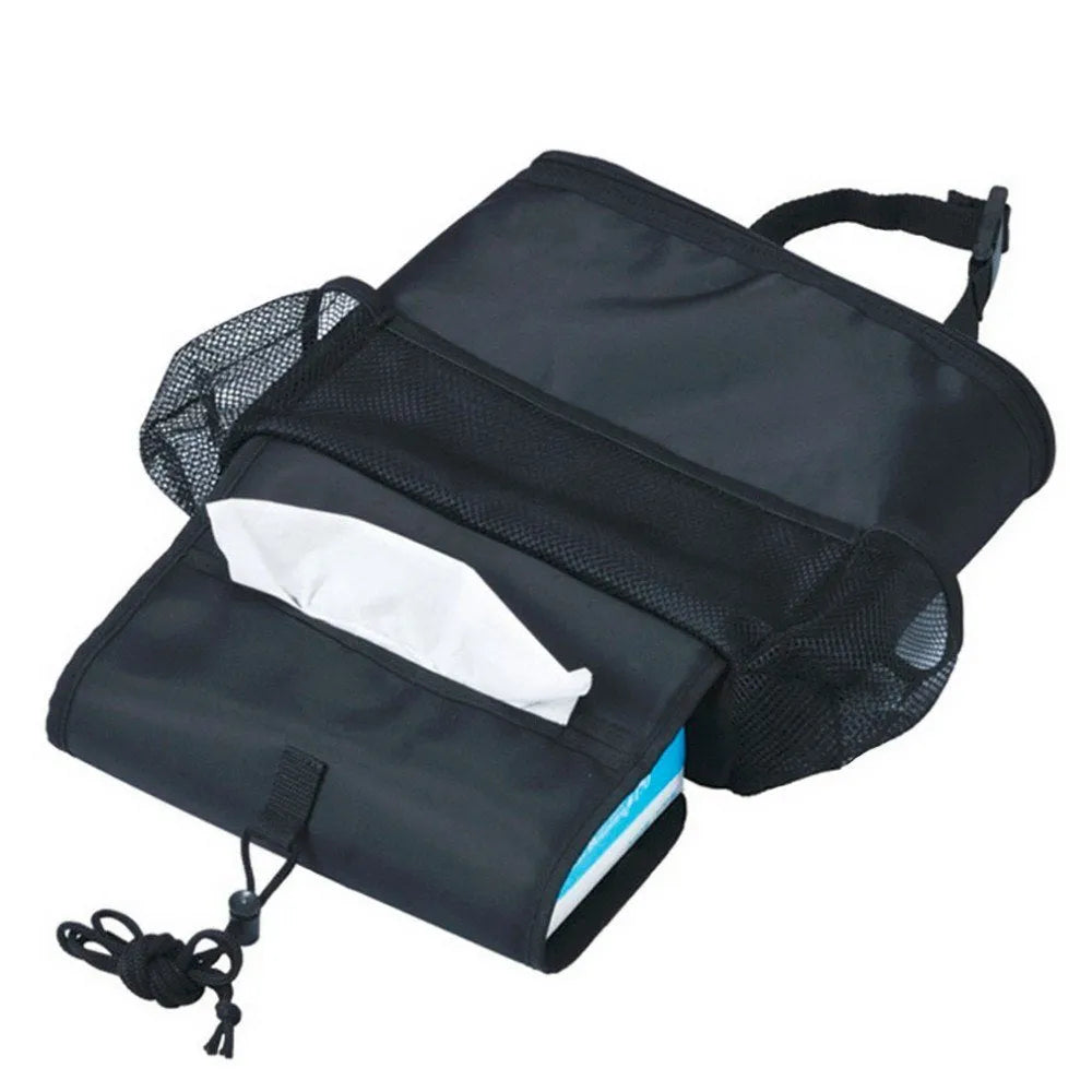 Black nylon universal car seat back organiser multi-pocket storage bag with adjustable straps and tissue holder