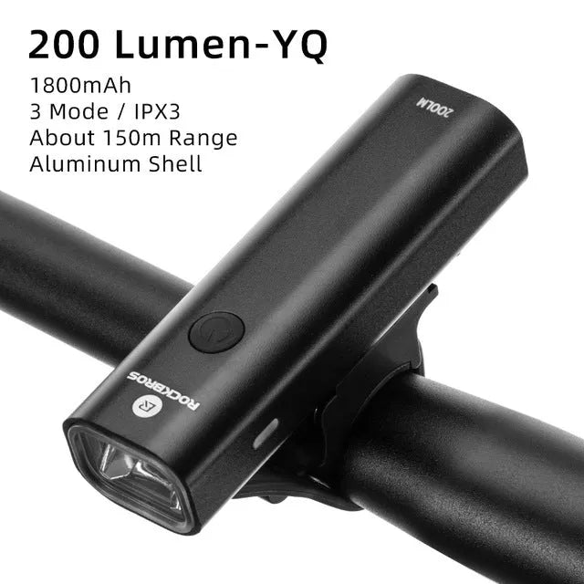 ROCKBROS black aluminium alloy bicycle headlight with 400 lumens USB rechargeable, 103x23x30mm