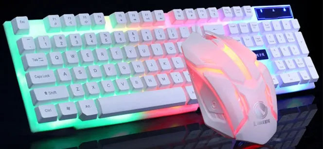 GTX300 black and white wired gaming keyboard and mouse set with glowing backlight on desk