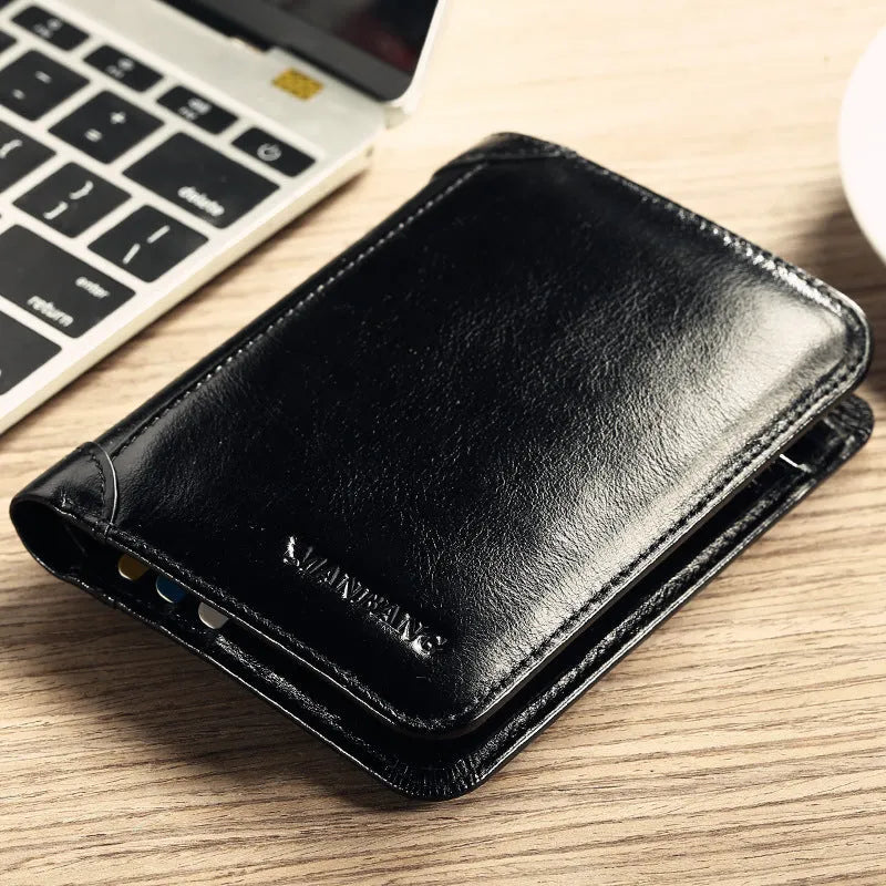 Men's leather wallet showing multiple internal compartments including photo position, card slots and banknote folder