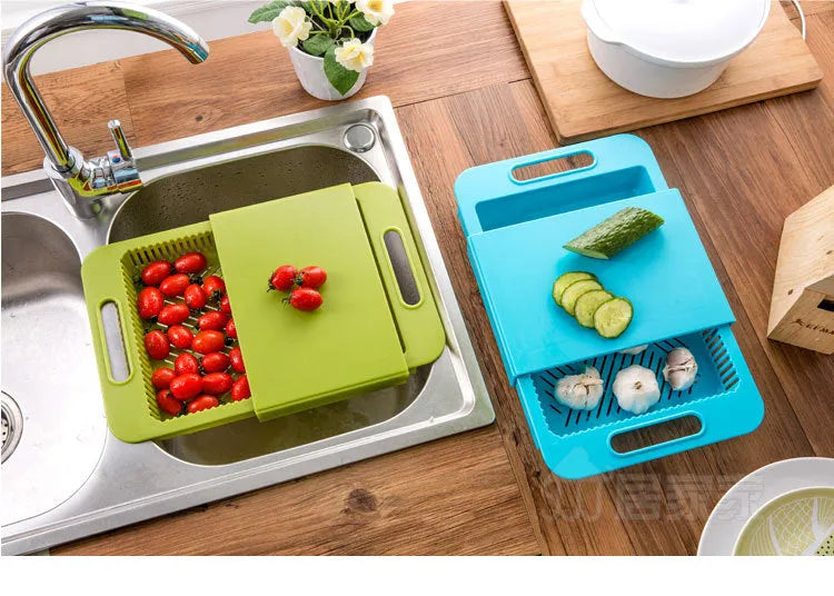 Multifunction kitchen chopping block with sink drain basket in blue, measuring 36x23x4cm, with PP surface and TPE handle