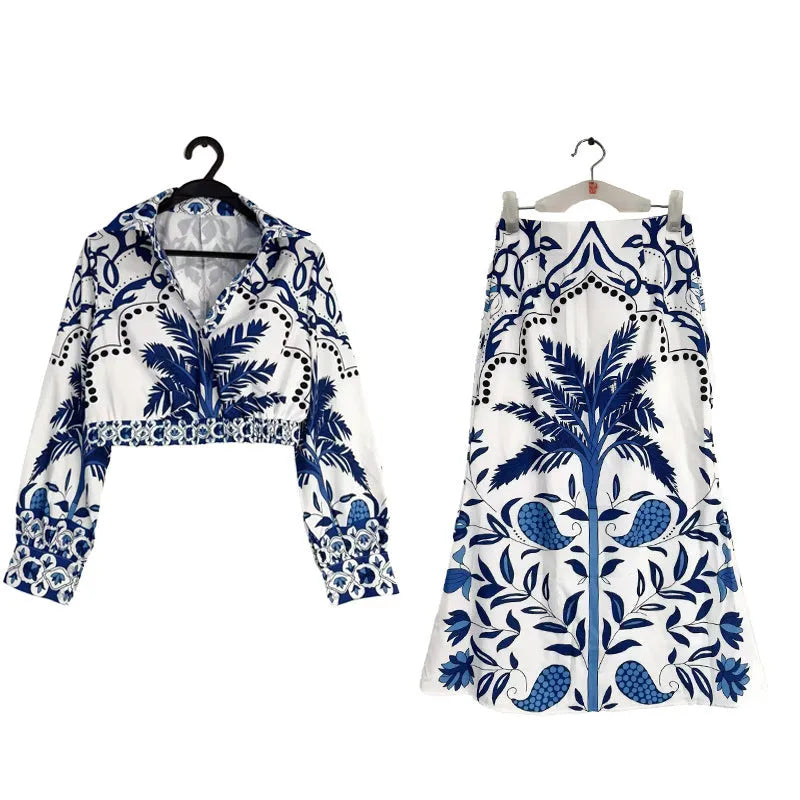 Women's casual two-piece co-ord set with long sleeves and long skirt for early spring wear