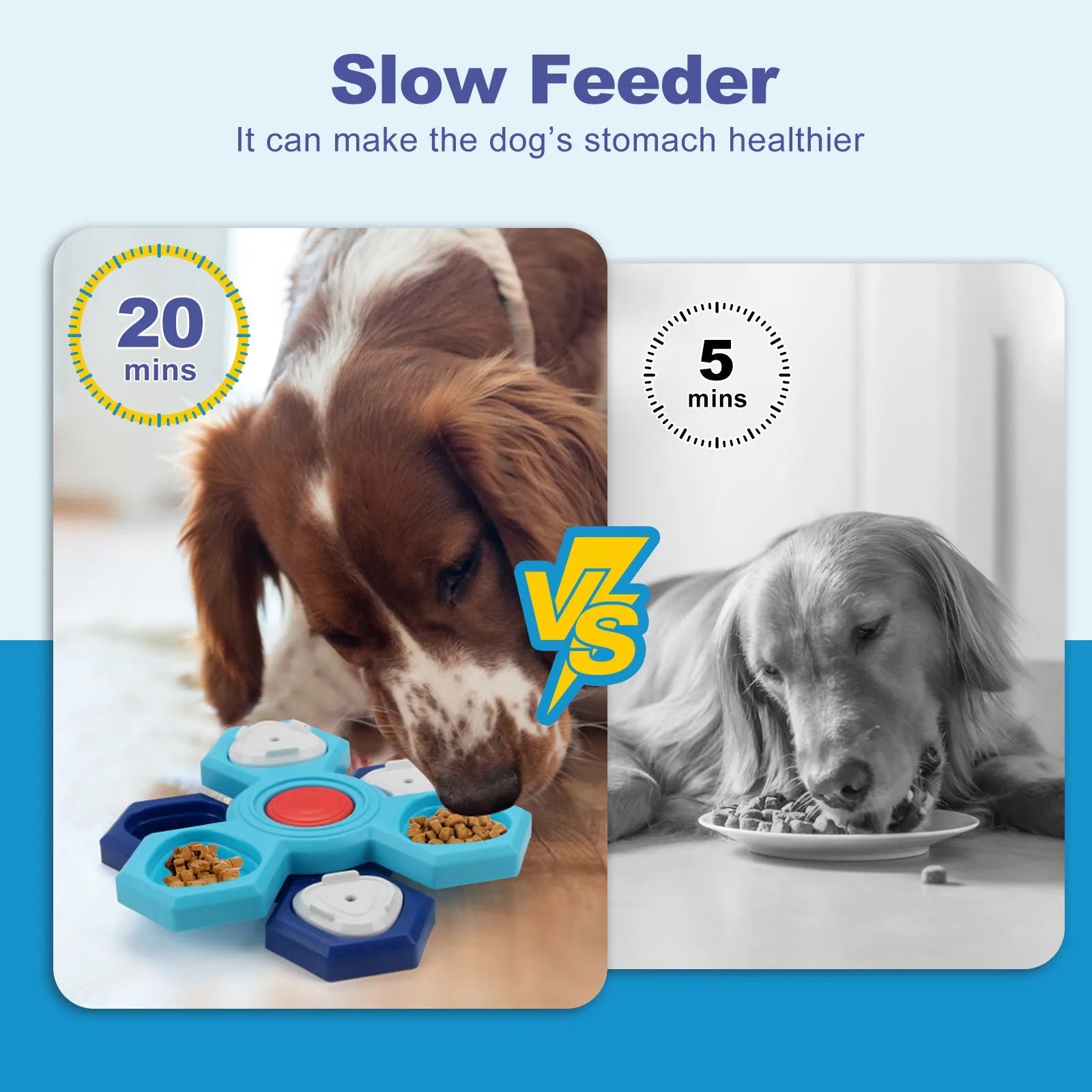 Blue plastic 4-layer slow feeder puzzle dog bowl with non-slip base assembly