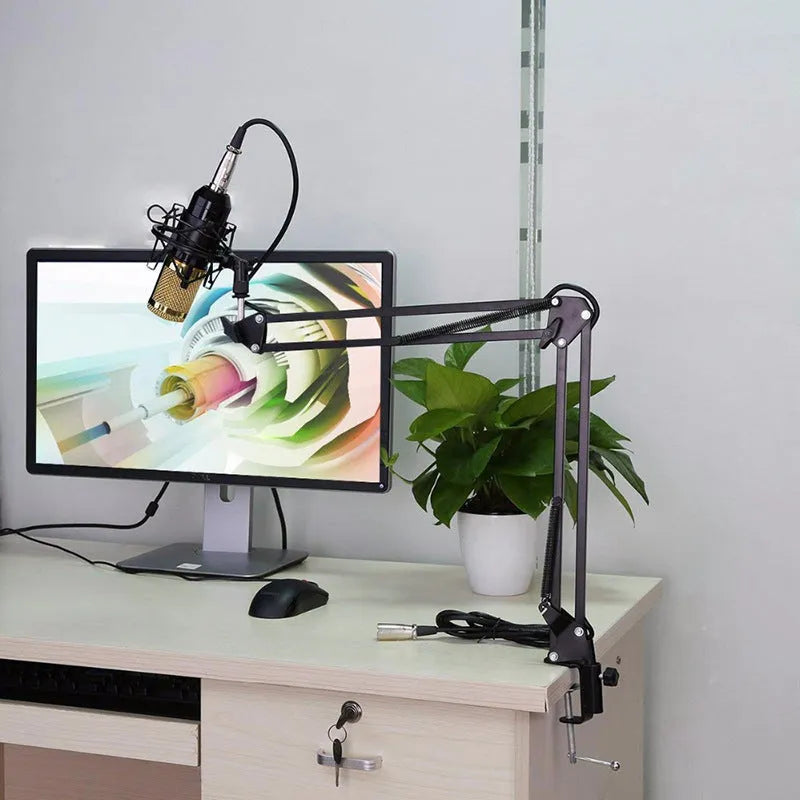 BM-800 condenser microphone stand set in various colours on a desktop