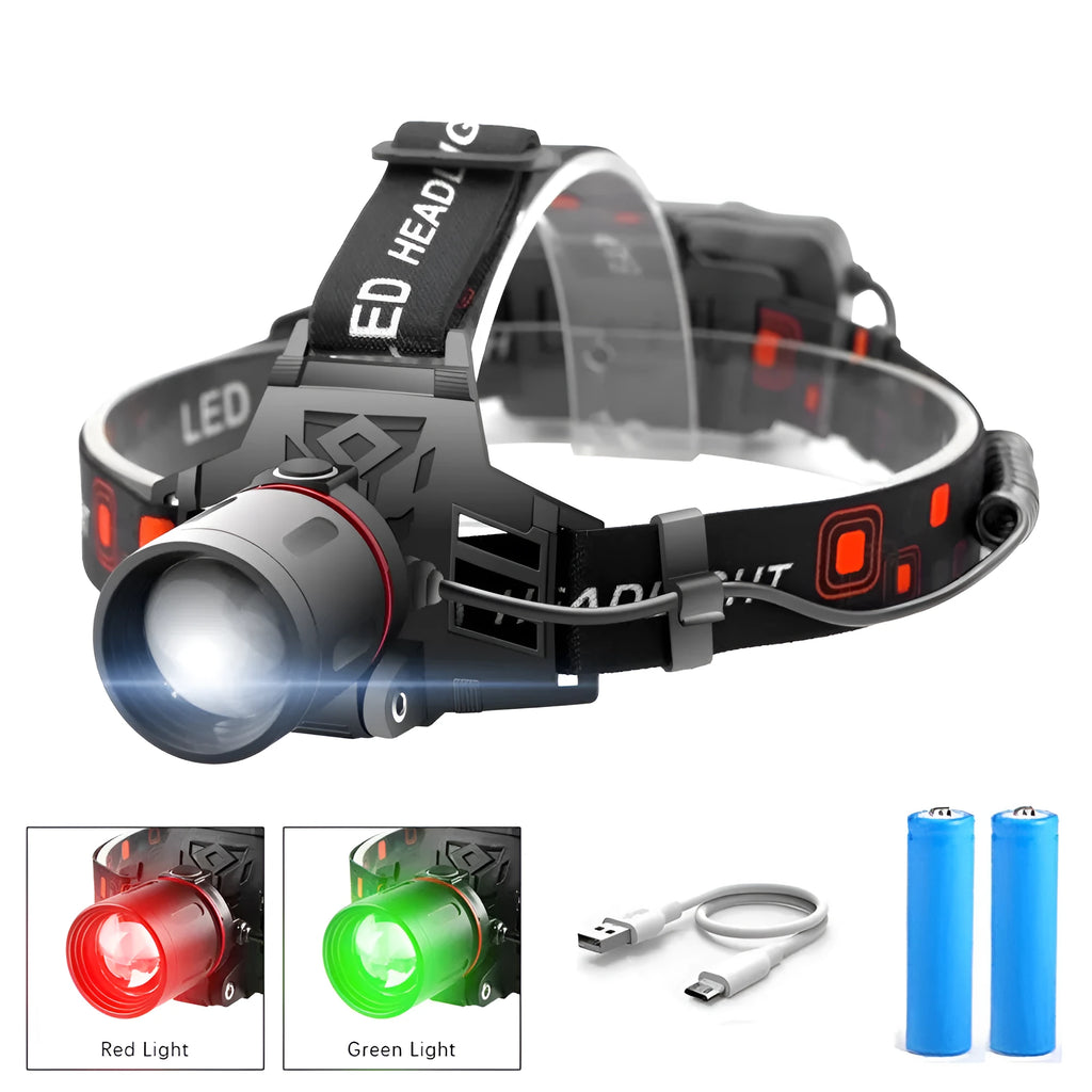 T6 LED zoom headlamp showing white, red, and green light options with adjustable focus.