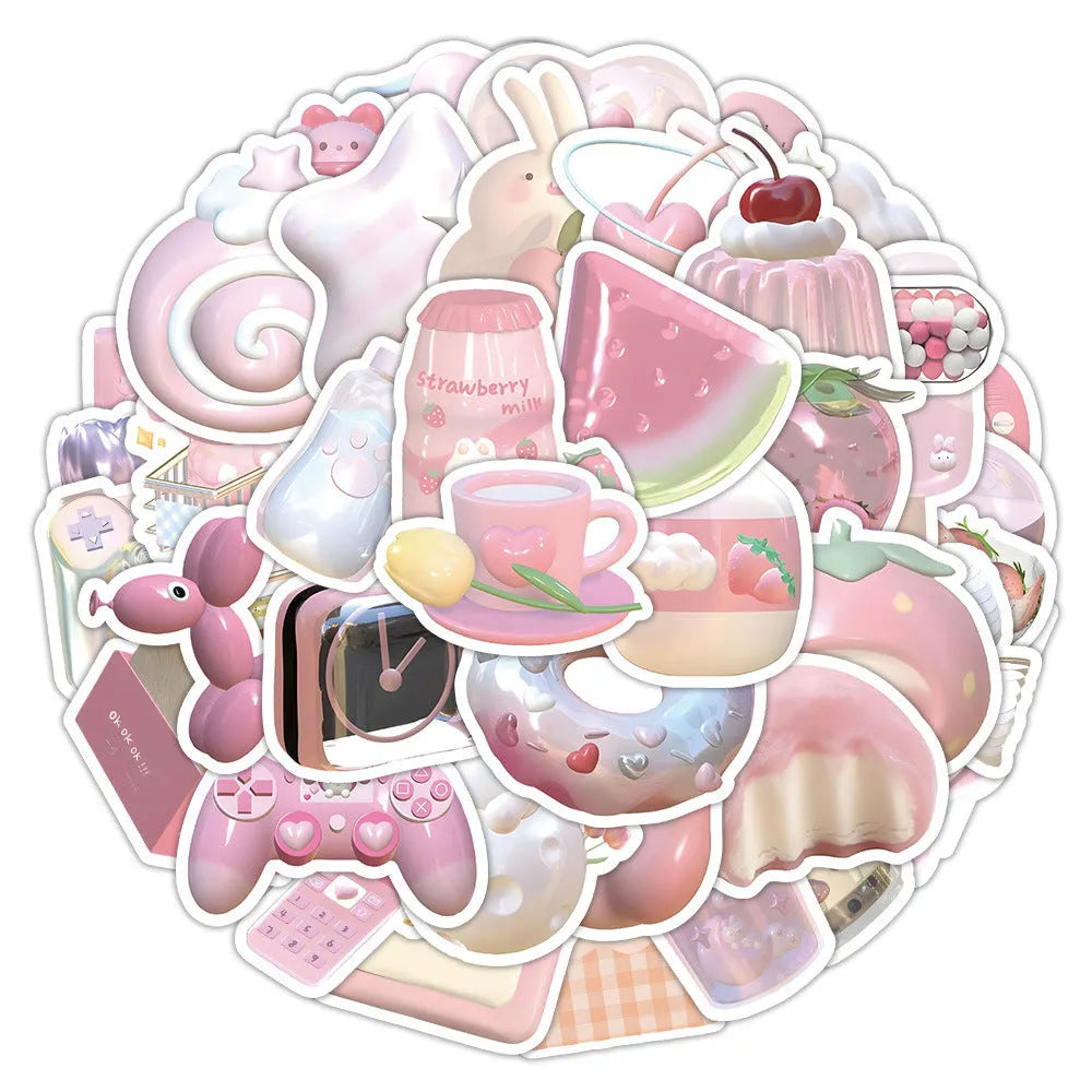 Pink girl heart pattern 3D decorative stickers in light colours with realistic dimensional effects