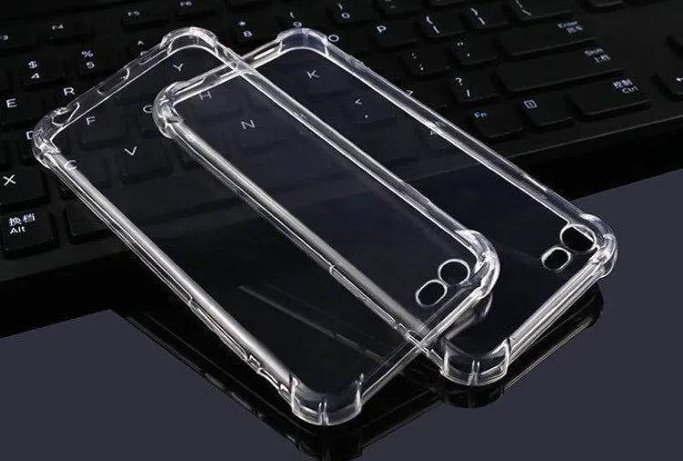 Transparent TPU shockproof mobile phone case for iPhone models on a plain background