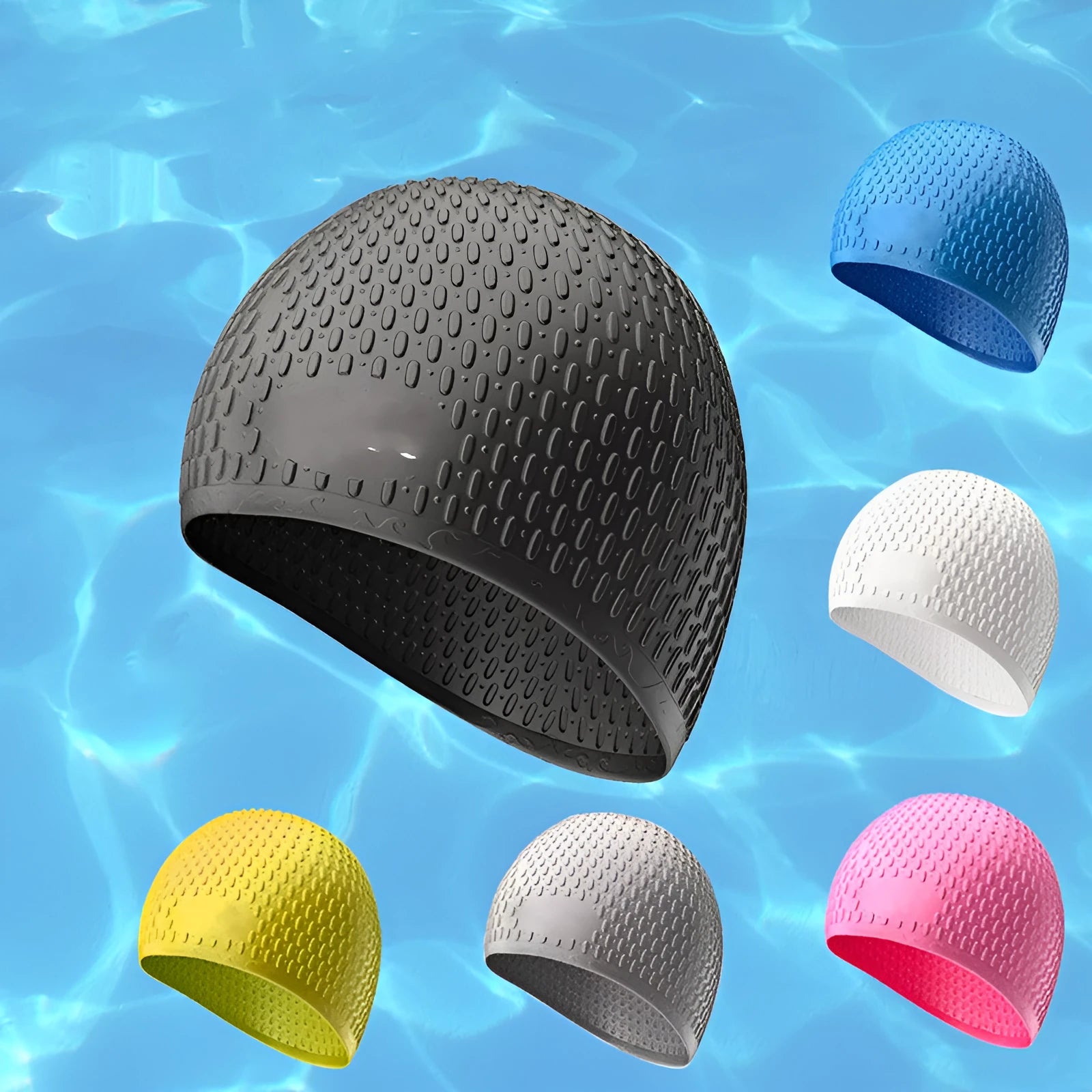 Adult solid colour silicone swimming cap with water drop design shown in multiple colour options.