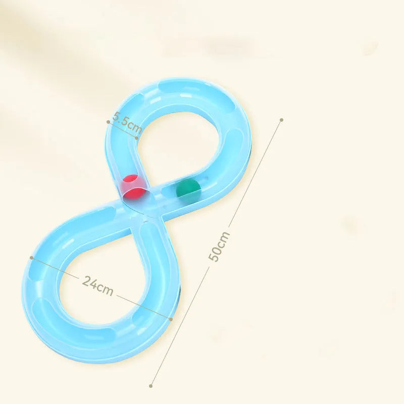 50cm long blue and white cat toy track with turntable, moving balls and teasing sticks for feline entertainment
