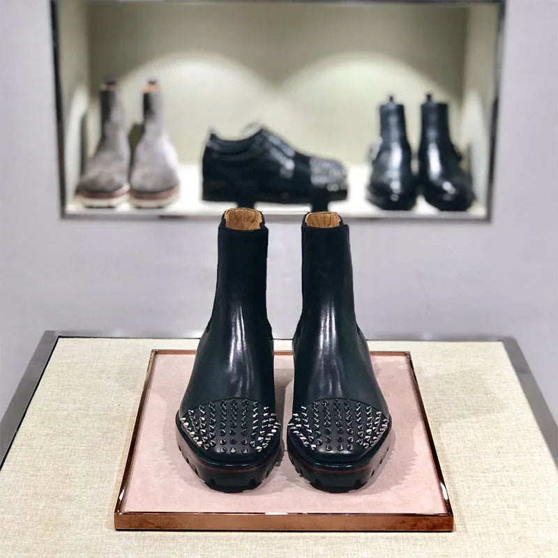 Black high-top leather business casual shoes showing cowhide upper and leather sole construction