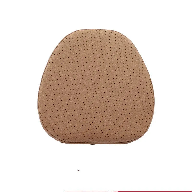 Minimalist brown car headrest with integrated neck pillow and lumbar support cushion.