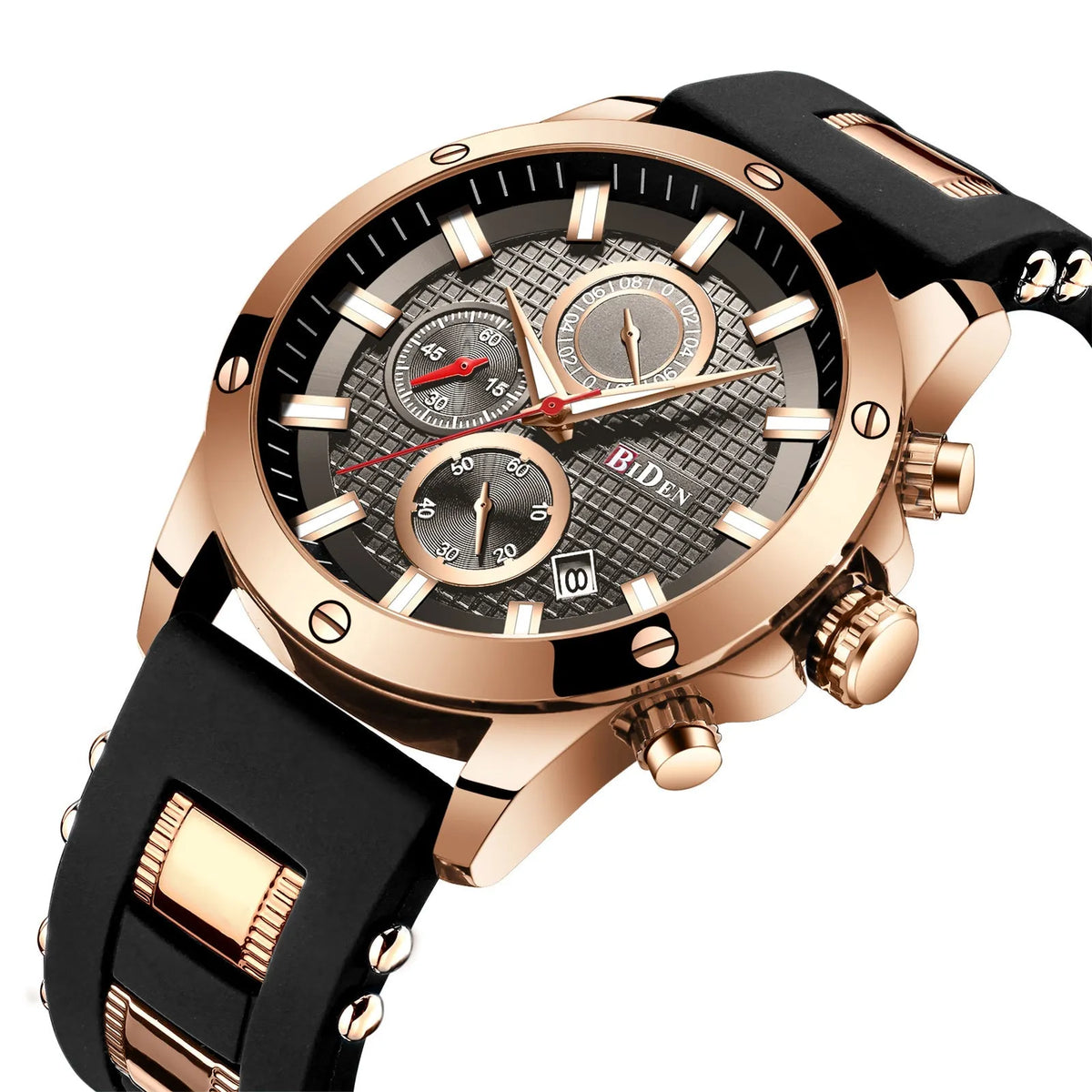 Men's quartz watch with 40mm round dial, silicone band, alloy case, and 30M waterproof rating.