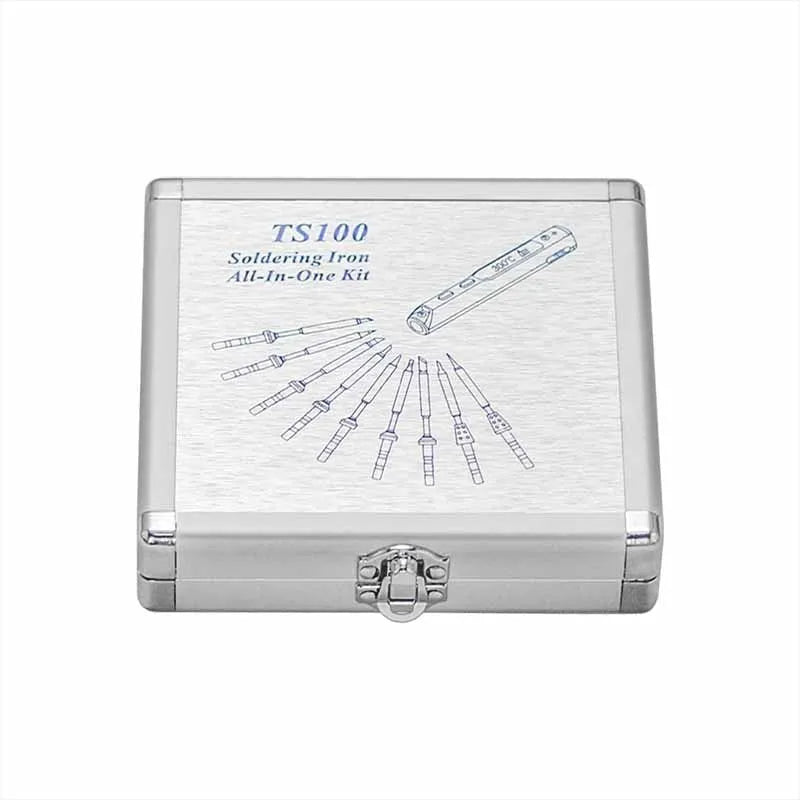 Silver aluminium storage box for TS100 soldering iron showing compact dimensions