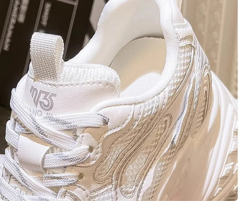 White women's lace-up dad shoes with height increasing insole for an 8cm+ heel boost