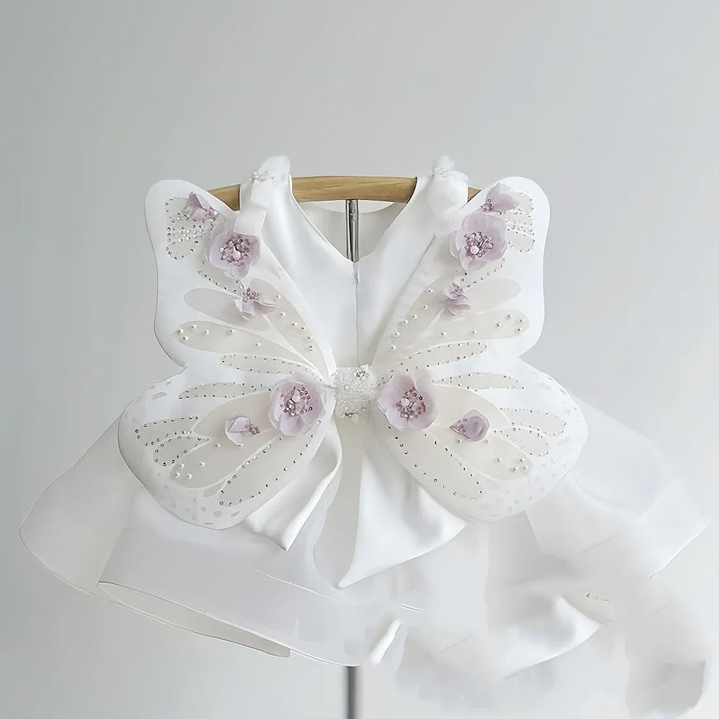 White girls pettiskirt dress with butterfly wings, polyester outer and cotton lining, sizes 80cm to 140cm