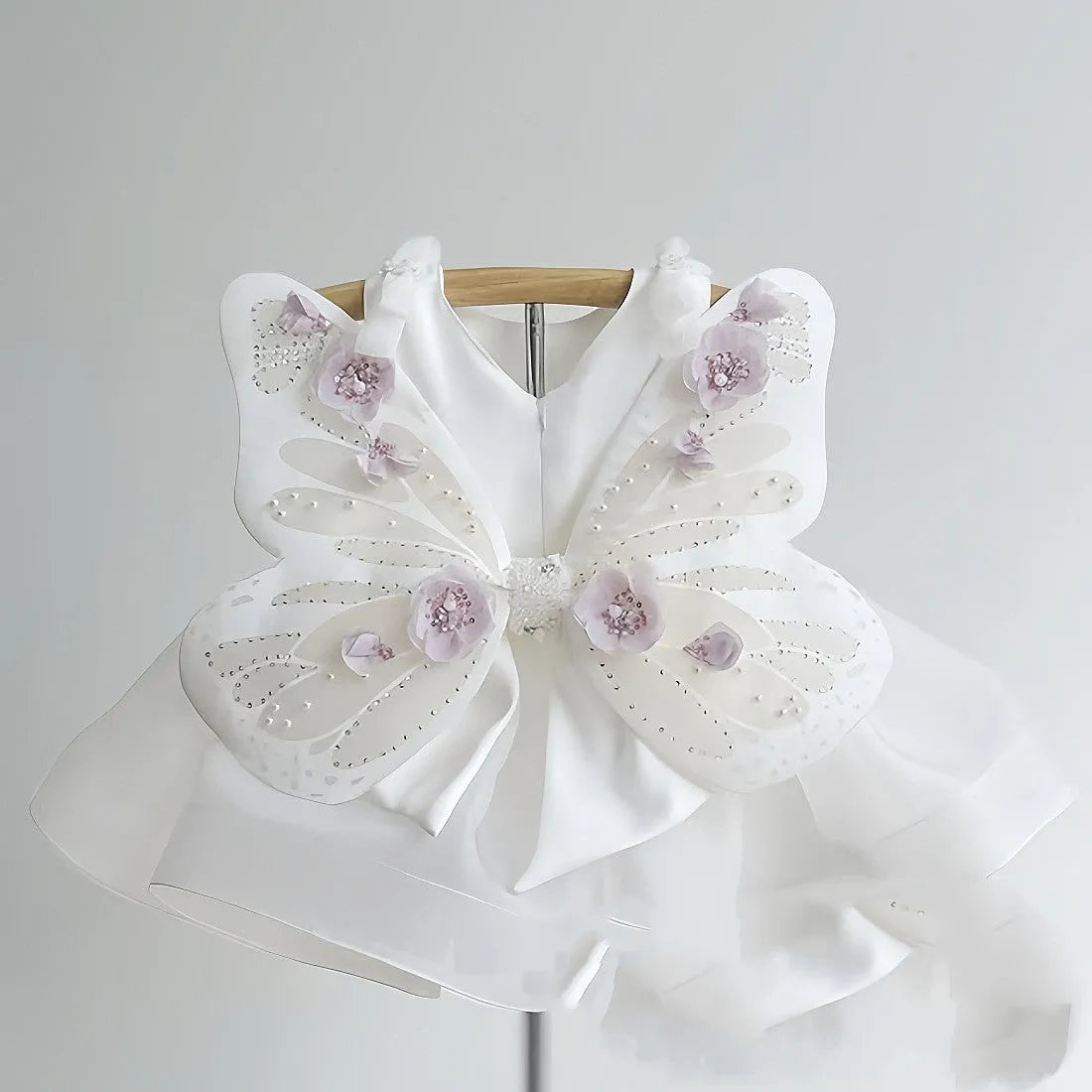White girls pettiskirt dress with butterfly wings, polyester outer and cotton lining, sizes 80cm to 140cm