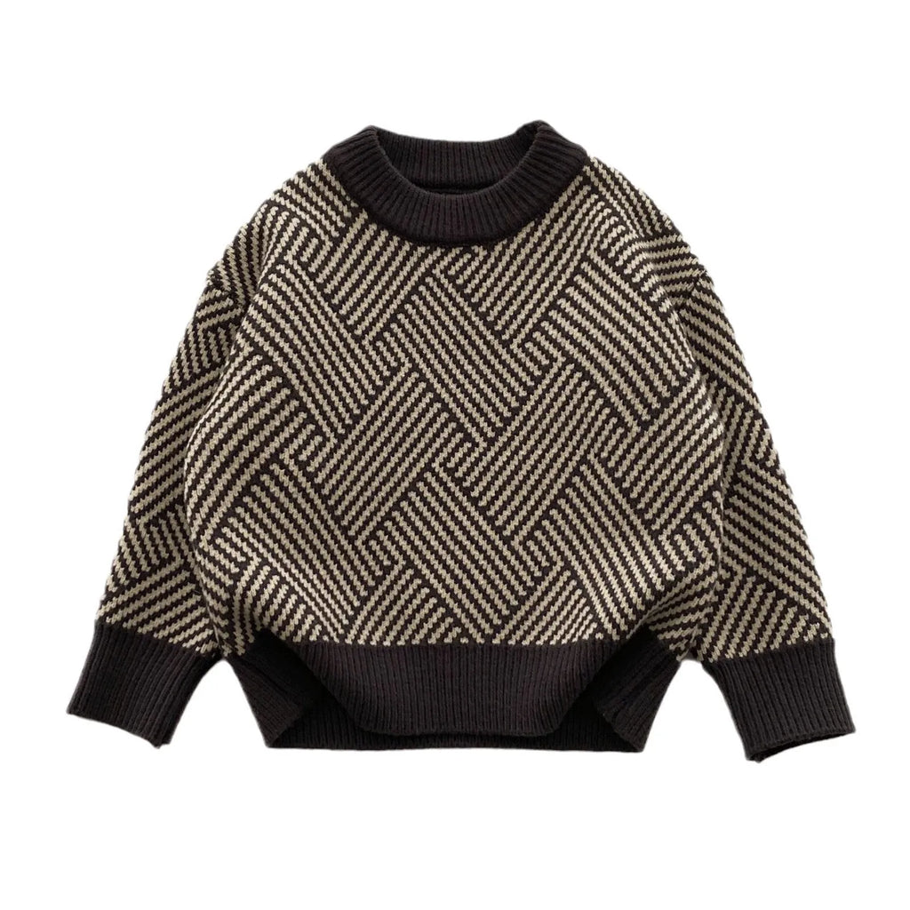 Dark gray striped children's pullover sweater in acrylic knit, sizes 90cm to 140cm