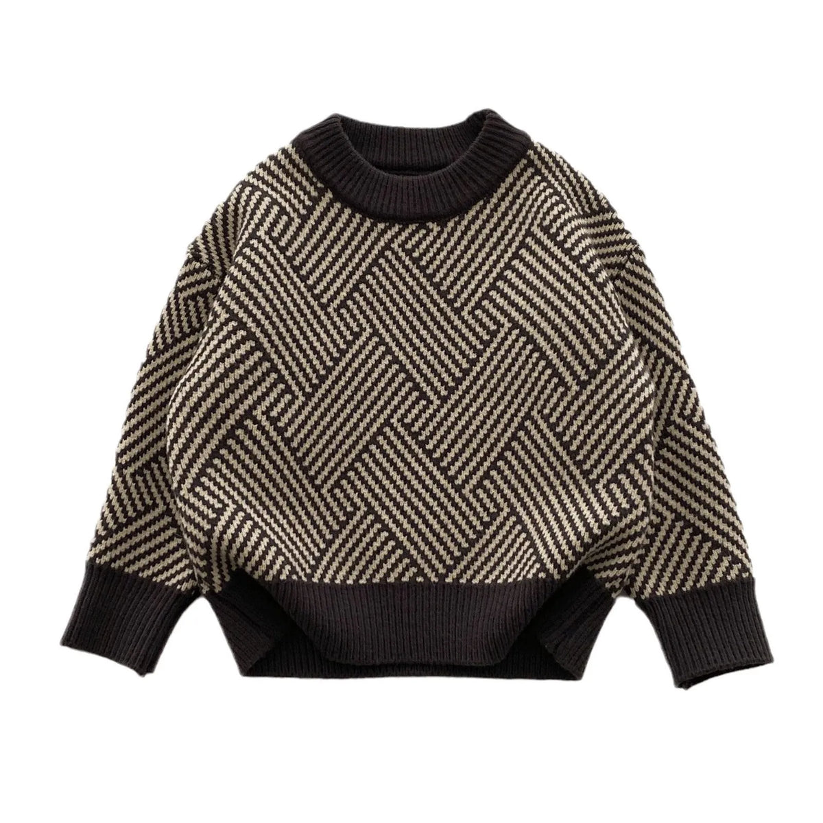 Dark gray striped children's pullover sweater in acrylic knit, sizes 90cm to 140cm