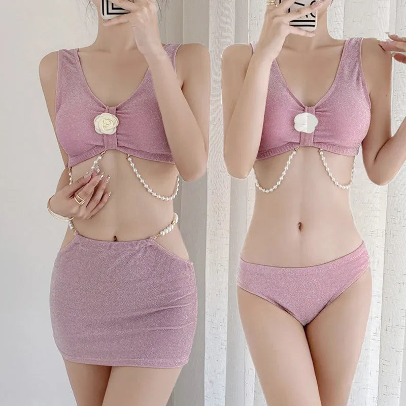 Women's black or pink three-piece bikini swimsuit with briefs style for swimming