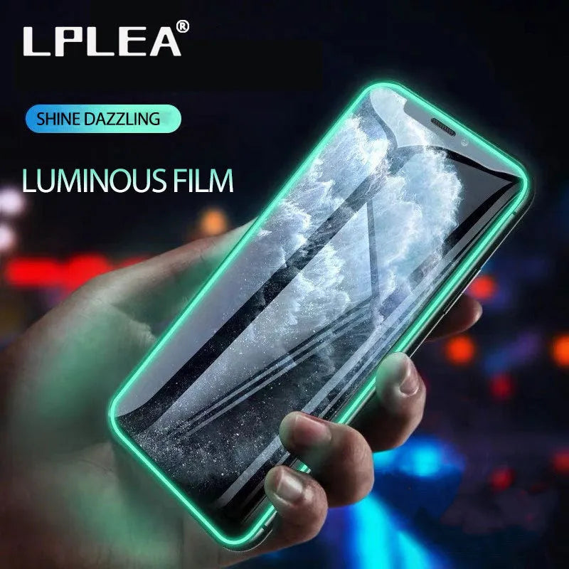 Luminous full cover tempered glass screen protector for iPhone glowing in dark with anti-scratch features.