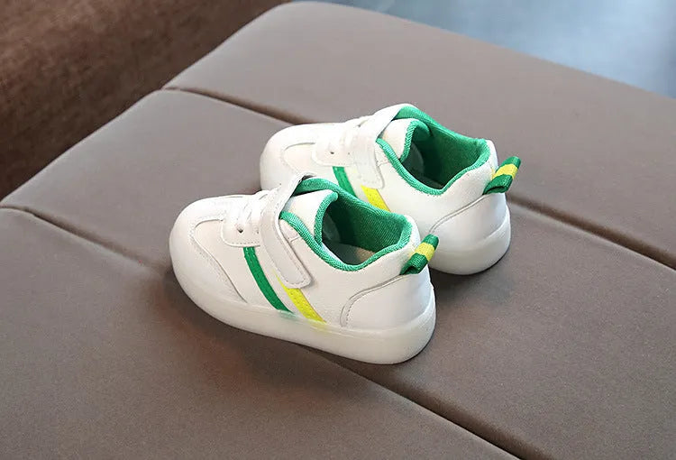 Kimmy White LED Sneakers in red, green, or black with Velcro strap and rubber sole, sizes 21-30