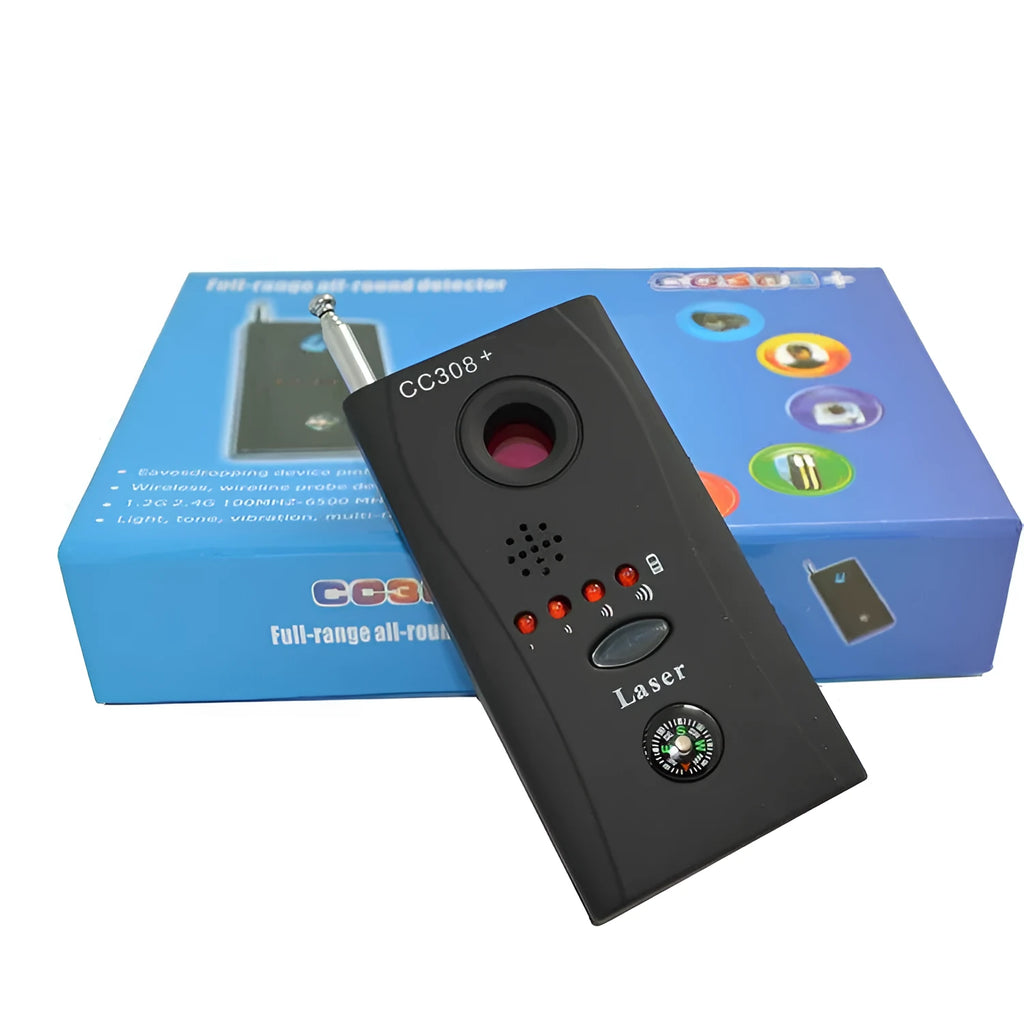 Black CC308 wireless signal detector with sound alarm mode, 65x48x15mm