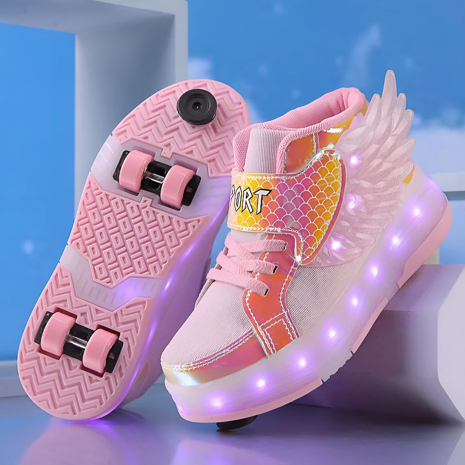 Children's double-wheel roller skates with LED luminous wheels in pink, black, and white, unisex design