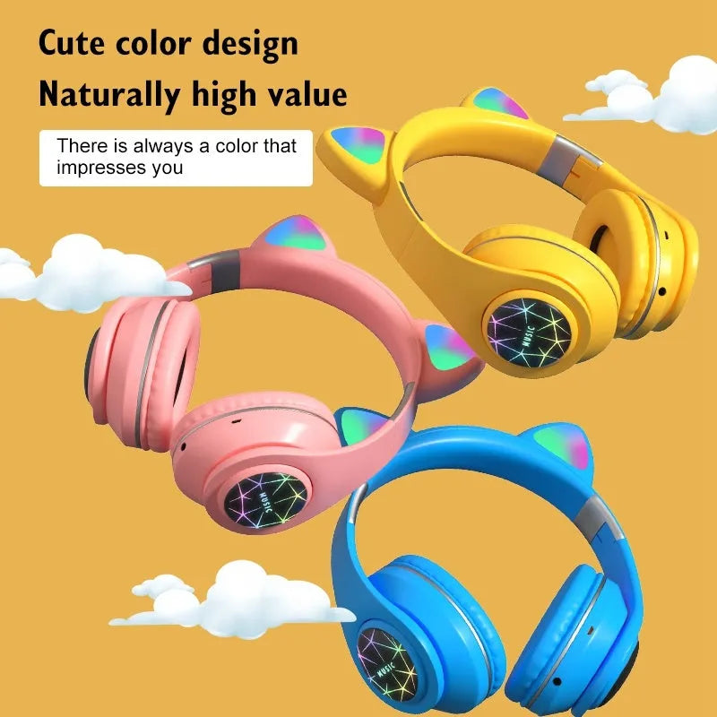 Wireless cat ear Bluetooth headset in multiple colours, showing head-mounted design for sports and music.