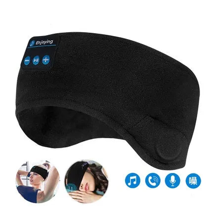Black Bluetooth sleep mask with integrated earphones for wireless music playback and blackout design
