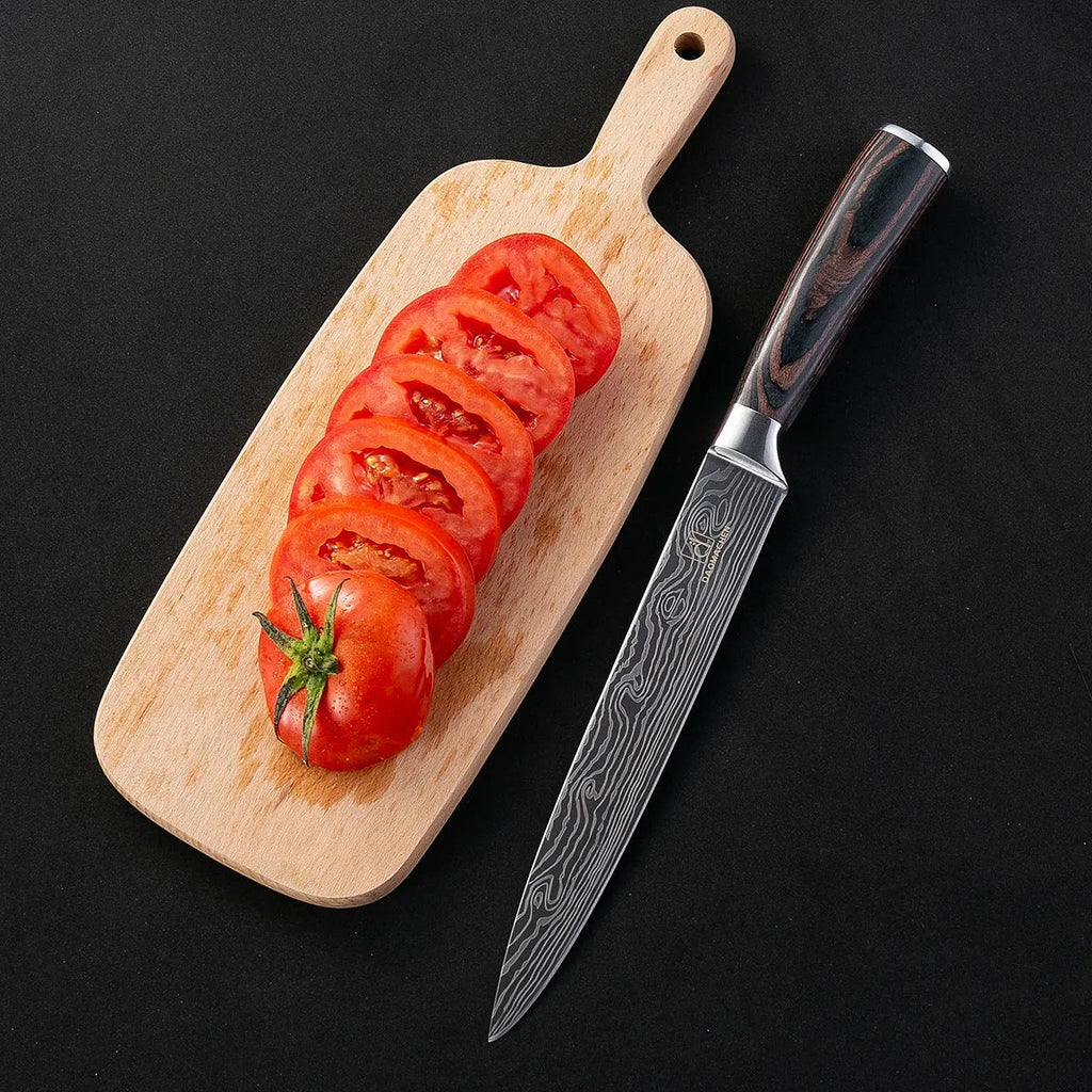 Kitchen knife set with Damascus-pattern stainless steel blades and colour steel handle.
